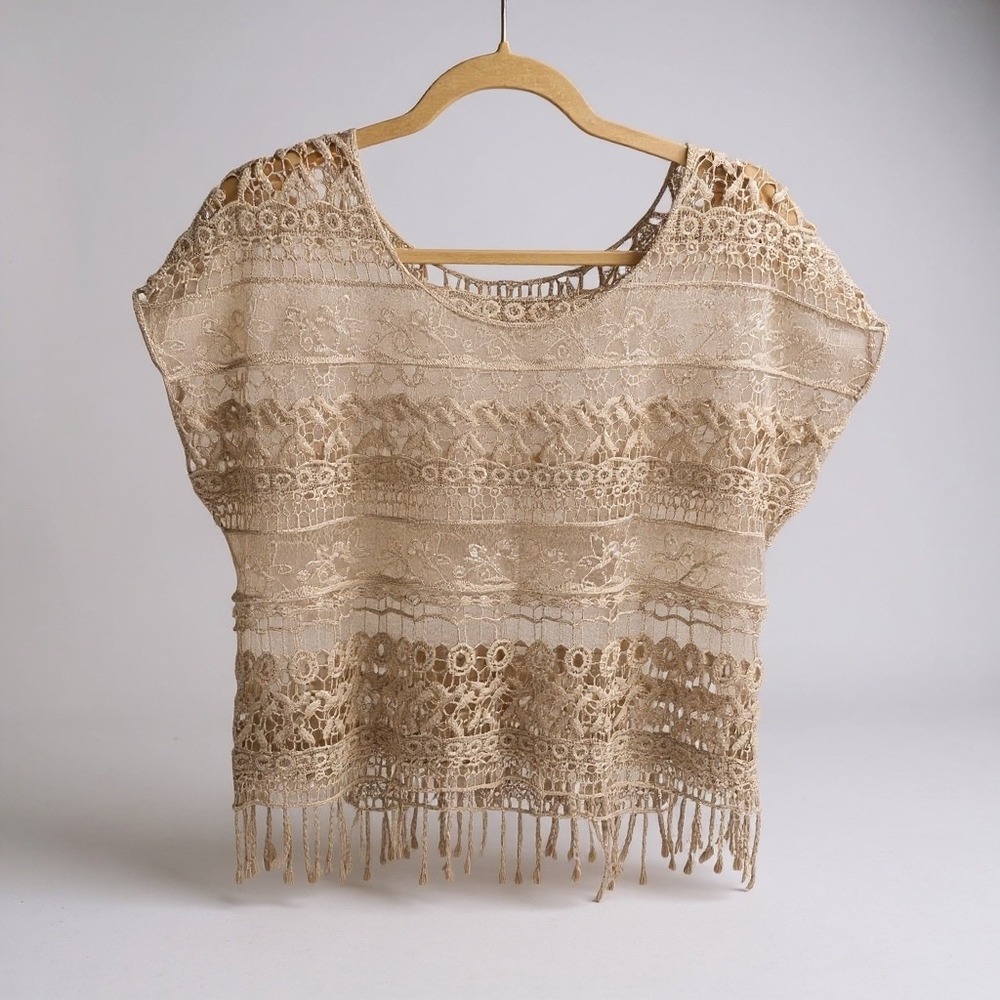 Lace Fringe Crochet Top Cover Up Bohemian Festival Beach Beige Women's M